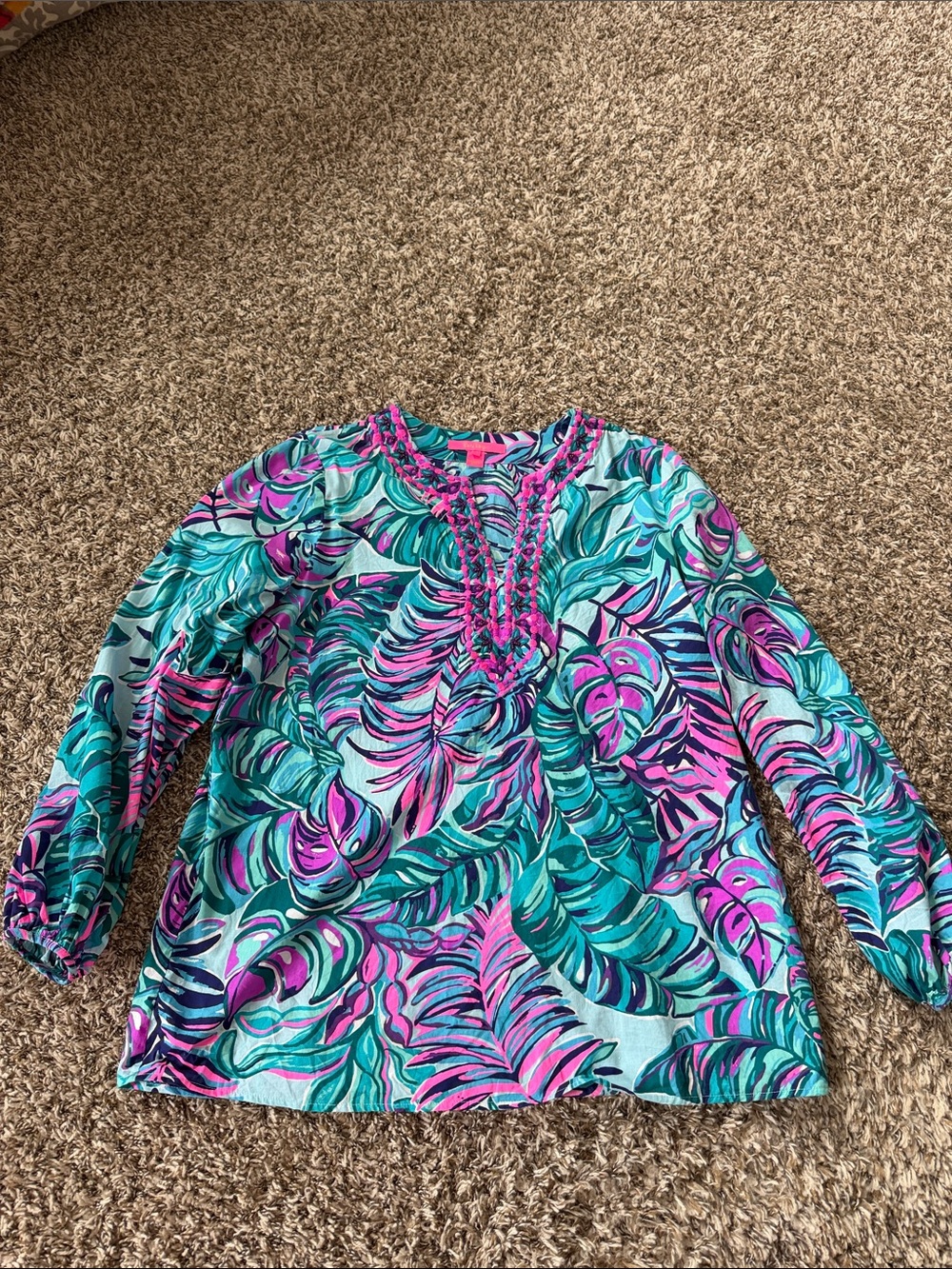 Lilly Pulitzer Tropical Leaf Print Tunic Top in Teal & Pink